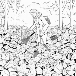 create a blackandwhite coloring page showing someone raking leaves into piles the leaves should have bold outlines and varied shapes with some in piles and others scattered around keep the rake and person simple yet clear with large spaces