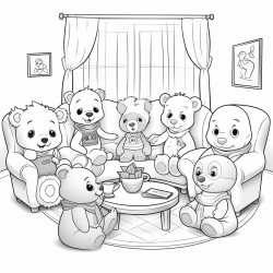 illustration a group of teddy bears sitting in a circle discussing their band plans with a teddy bear holding a notepad background a cozy living room with musical posters on the walls and a coffee table with snacks