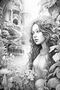 serene goddess surrounded by lush plants animals and flowing streams