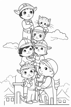 a group of children dressed as french firefighters rescuing a kitten from a tree