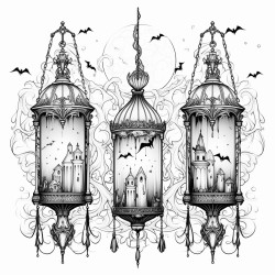 gothic lanterns  a set of victorianstyle lanterns with skull and bat motifs each with ornate details and hanging chains