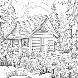 cute cosy cabins in the woods with sunshine and flowers