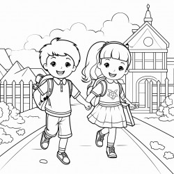 two kindergarten students are happily going to school with the kindergarten school in the background