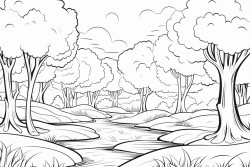 black and white coloring book drawing only thick outlines no grayscale for kids cartoon style cat forest