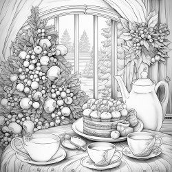 a coloring book page of a vintage holiday tea party with elegantly set table featuring teapot cup and seasonal treats table is decorated with a long wreath and a christmas tree near the table there should be a white background with open space between the lines leaving room for hand coloring