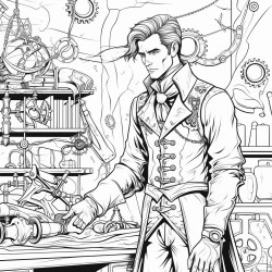 a vampire with a mechanical arm dressed in victorian clothing in a steampunk workshop surrounded by gears
