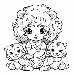 angloindian girl curly hair playing with 3 tiger cubs lineart kawaii style minimalist coloring book page