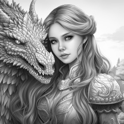 a young woman with a long braid standing next to a dragon