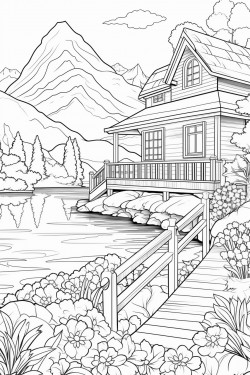 a hours switzerland landscape with a quaint stone house surrounded by flowers wooden dock extending into a lake