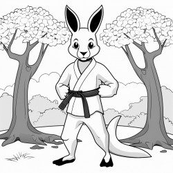 a kangaroo wearing a black belt in the forest