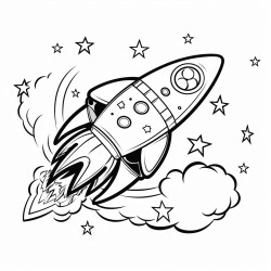 a mischievous spaceship zooming through a starry sky leaving a trail of smoke