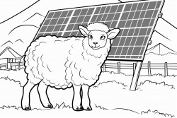 a sheep under a solar panel in a field