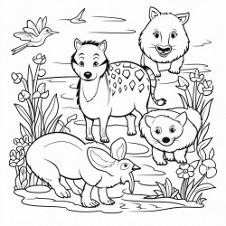 colouring book for kids of diverse animal habitat  cartoon style  thick line  no shadow