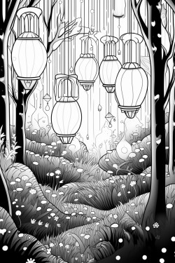 a magical forest with floating lanternsok