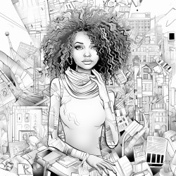 african american woman in the city surrounded by chaotic words