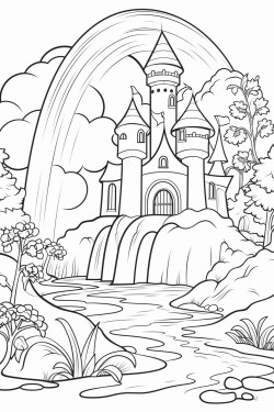butterflies mermaids fairies in a river with a rainbow and a waterfall there is a castle in the background