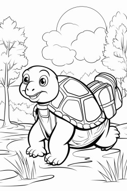 turtle is in a forest with trees his backpack lies on the ground mouse named milo stands nearby
