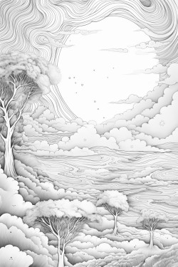 une image  colorier en noir et blanc dun paysage venant dun univers fantastique de leau la lune et des nuages