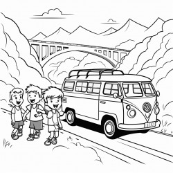 a van crossing a bridge some kids on the van