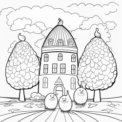 a family race acorn trees and large building in the background