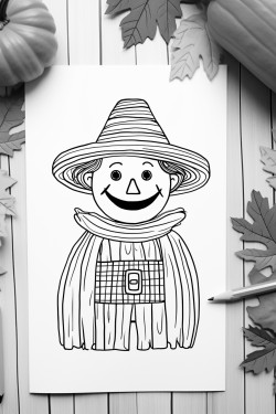 fall coloring page for kids with a scarecrow