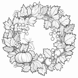 create a blackandwhite coloring page featuring an autumninspired wreath with leaves pumpkins berries and acorns arrange the elements in a loose opencircle format leaving gaps so the wreath does not fully close each item should have clear