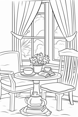 a cute tea time by the window  coloring bookvector white background black and white black drawing