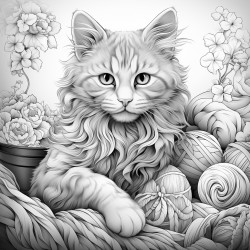 cute cat playing with a ball of yarn with intricate patterns all over the image