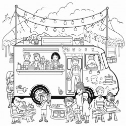 food truck market with multicultural theme and festoon lights