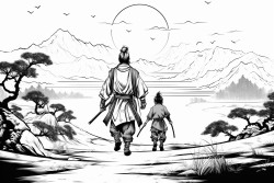 man and son walking into the sunset shadows portray samurai