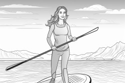 a woman paddle boarding in a wet suit on the sea on a sunny day