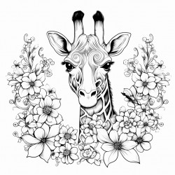 a giraffe in the forest with flowers