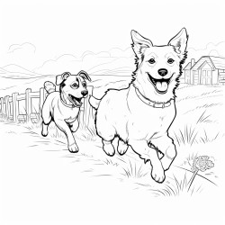a flat haired labrador dog and a border collie dog running together on a farm