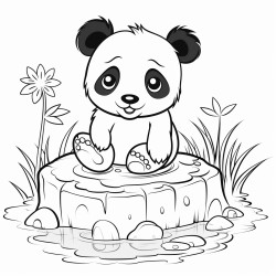 a baby panda sitting playfully on a small log in a serene pond