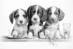 a group of puppies sitting at a table sharing a meal