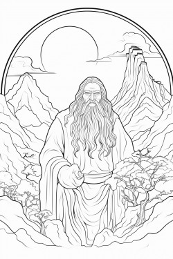 mystical mountain with two moons and a monk