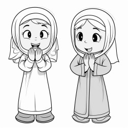 two little cartoon muslim girls wearing jilbab praying salah standing with hands raised up by ears