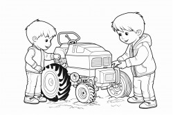 two boys playing with toy tractors