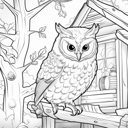 a extreme closeup of a wise old owl threequarter view to the left in a cozy treehouse interior