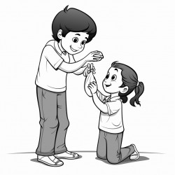 child taking an item from someone with all eyes closed