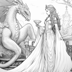 vintage fairy tale scene with a dragon and a woman wearing a crown looking like a dragon long dress with a veil