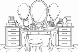 a chic vanity with an elegant mirror surrounded by makeup brushes foundations eyeshadow palettes and lipstick tubes