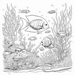 a calming coral reef with many kinds of tropical fish and ocean wildlife