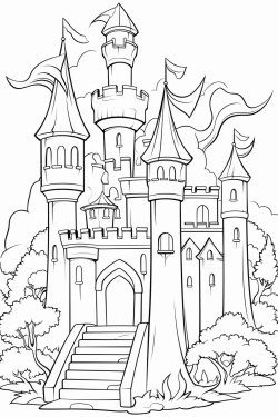 castle in a forest with flying dragons