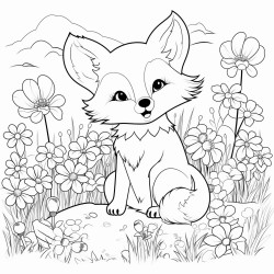 a cute little fox lying in a meadow full of wildflowers