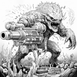 monster made of lava shooting a lava minigun