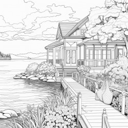 house on lake with flowers