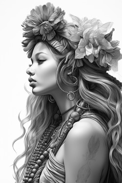 a beautiful boho woman in a zen environment side view