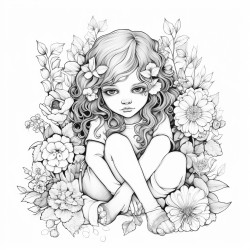 a sad little girl with skinned knee sitting in garden with lots of flowers looking at her knee