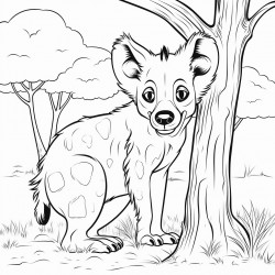 hyena hiding behind a tree